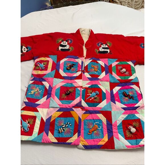 Handmade Chinese Good Luck Blessings Red Quilted Coat Jacket One Size Fits Rare
